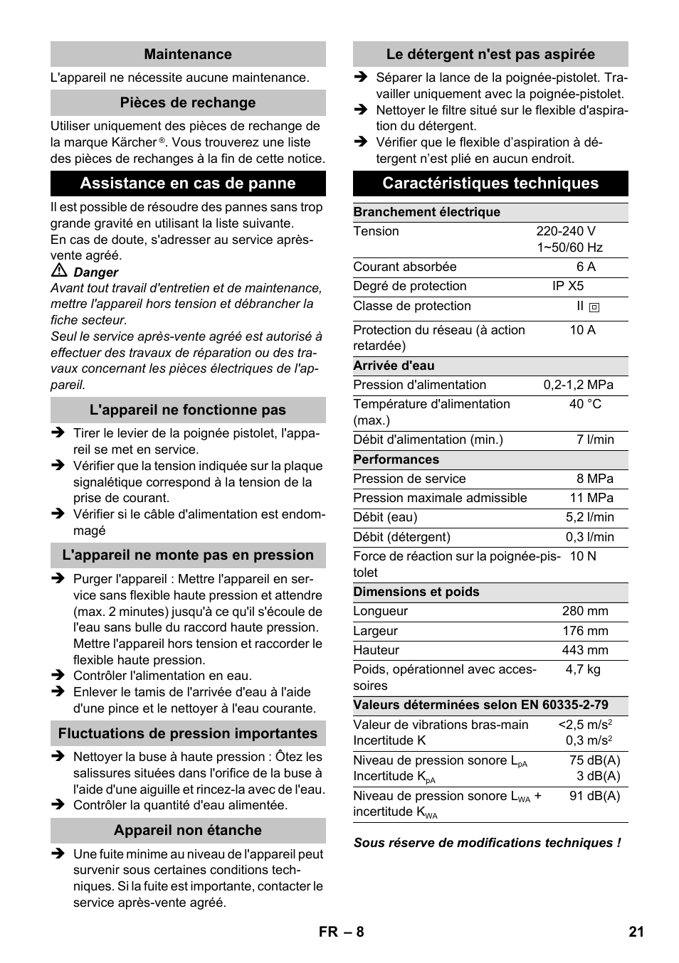 Assistance en cas de panne, Caractéristiques techniques | Karcher K 2 Basic User Manual | Page 21 / 180