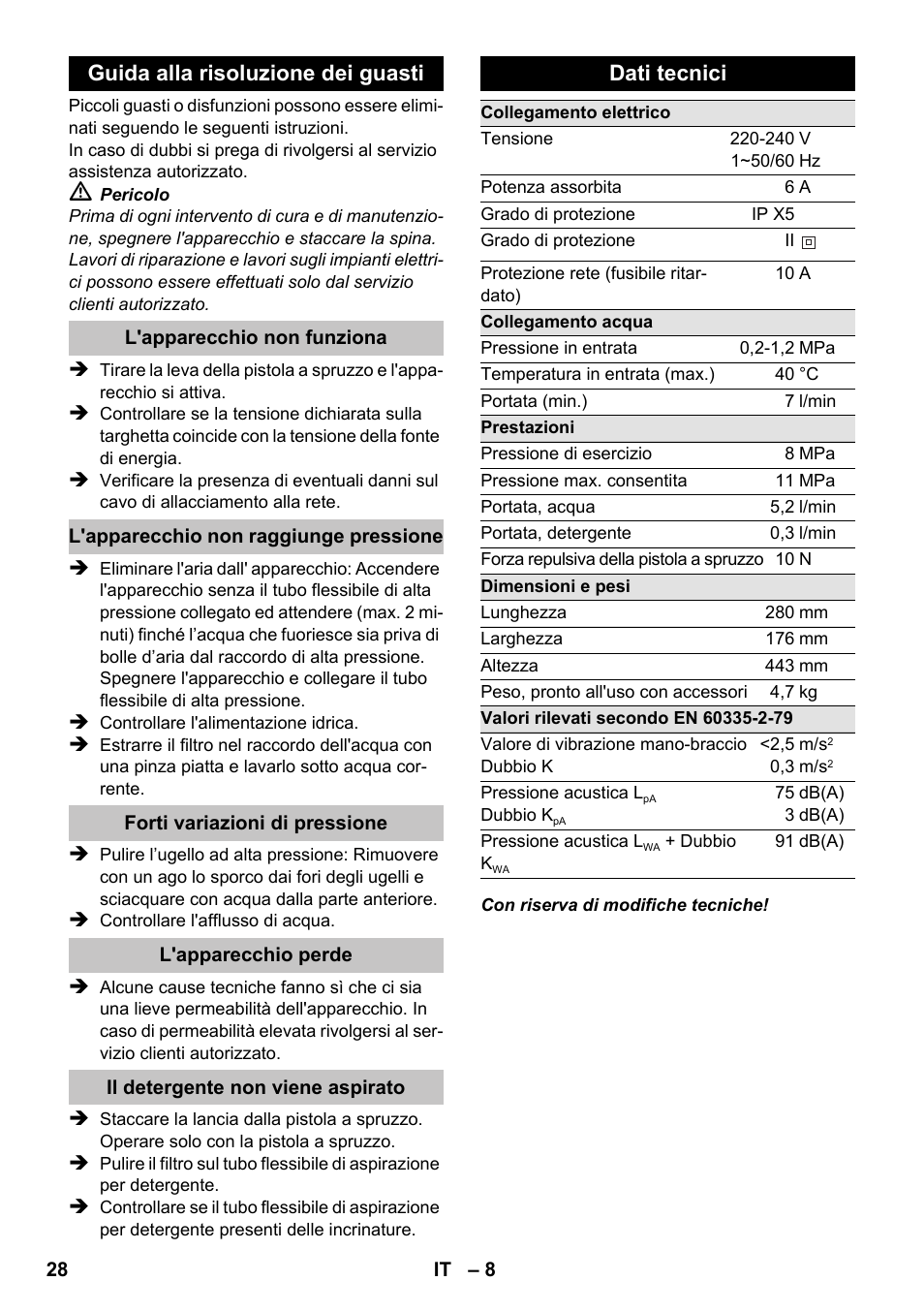 Guida alla risoluzione dei guasti, Dati tecnici | Karcher K 2 Basic User Manual | Page 28 / 180