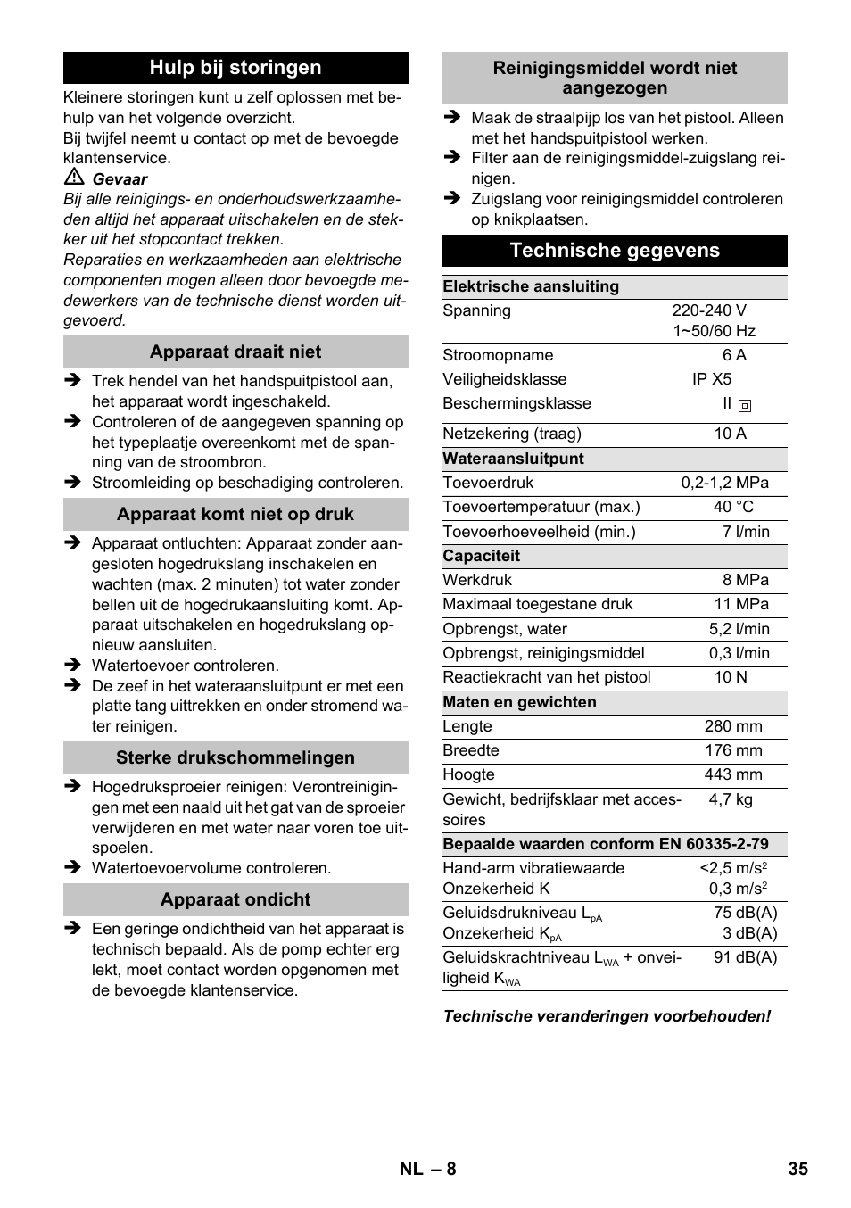 Hulp bij storingen, Technische gegevens | Karcher K 2 Basic User Manual | Page 35 / 180