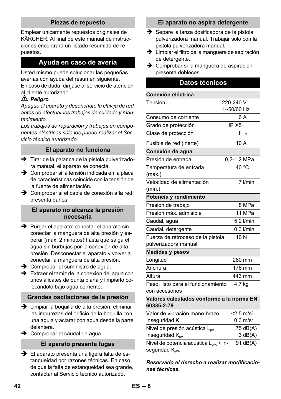 Ayuda en caso de avería, Datos técnicos | Karcher K 2 Basic User Manual | Page 42 / 180