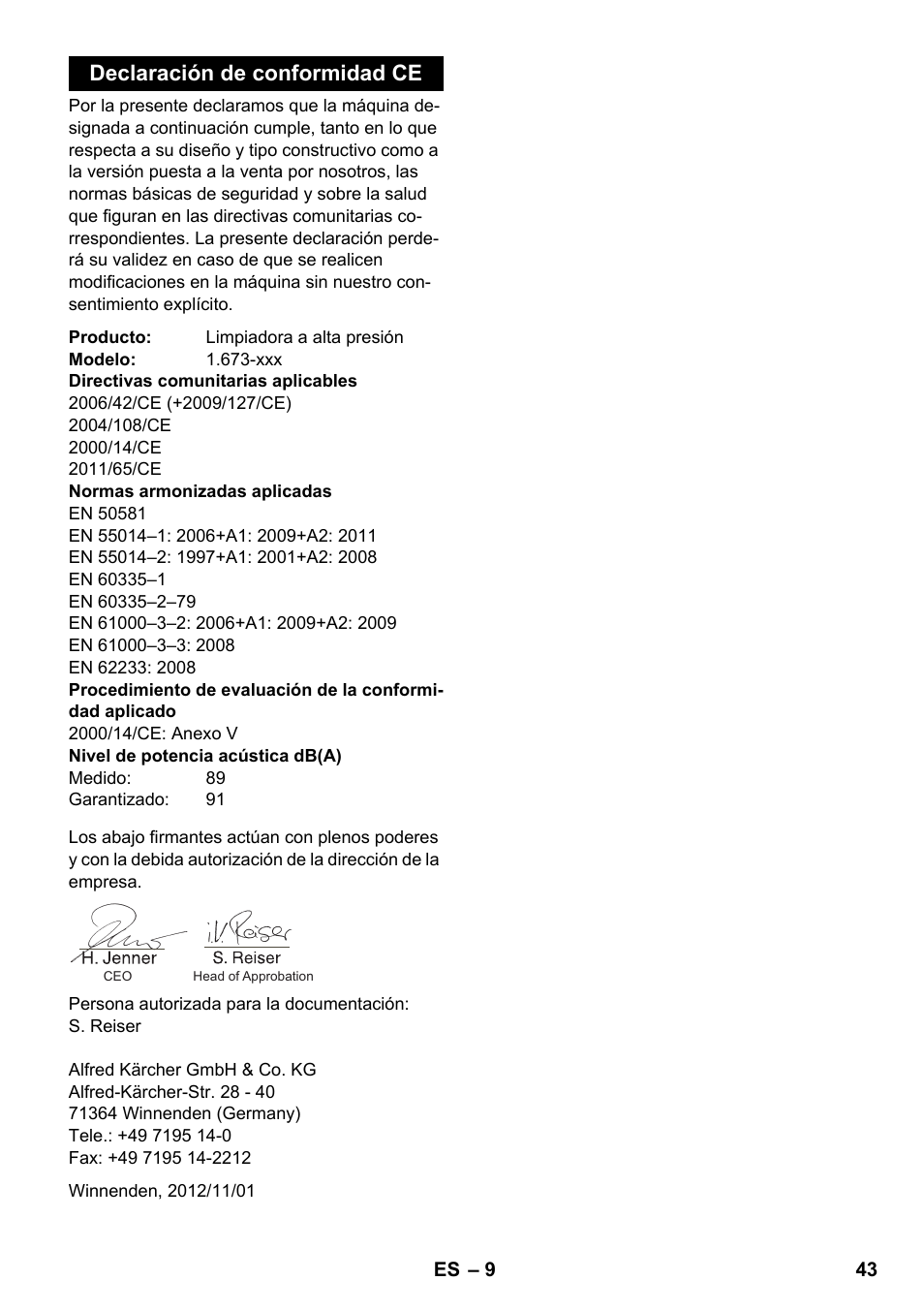 Declaración de conformidad ce | Karcher K 2 Basic User Manual | Page 43 / 180