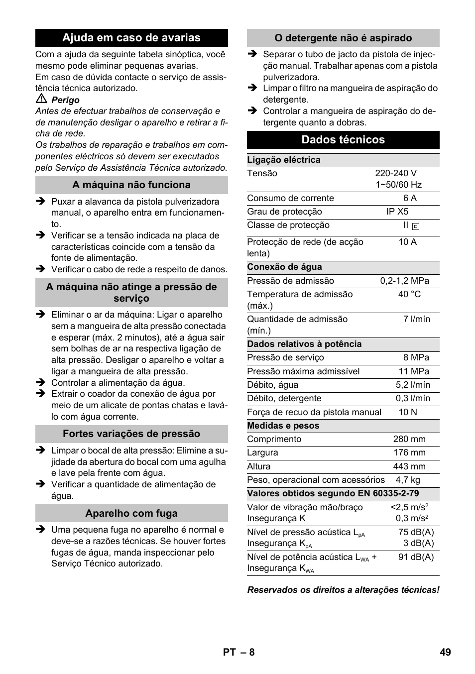 Ajuda em caso de avarias, Dados técnicos | Karcher K 2 Basic User Manual | Page 49 / 180