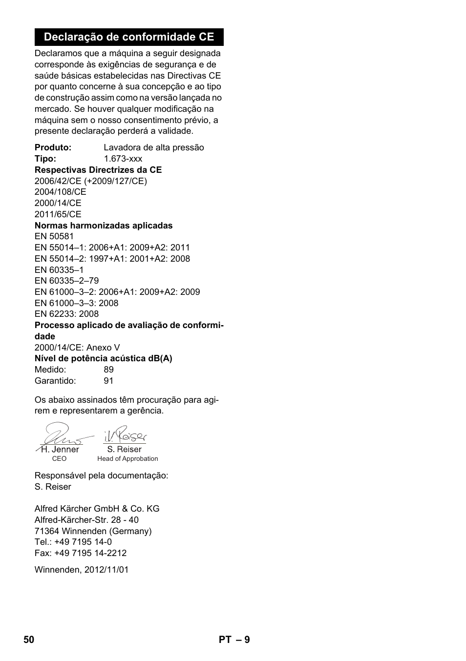 Declaração de conformidade ce | Karcher K 2 Basic User Manual | Page 50 / 180