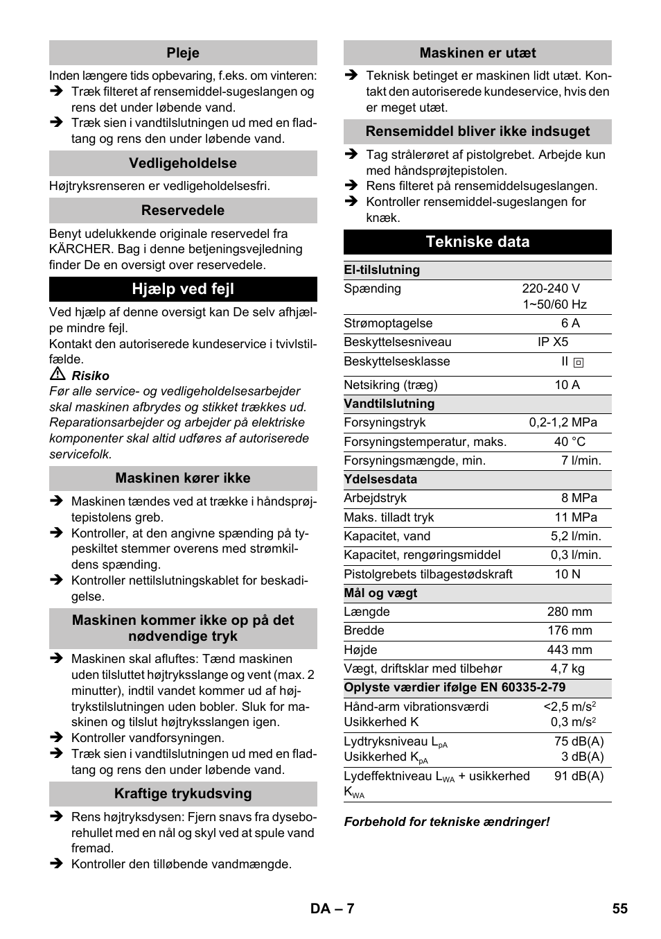 Hjælp ved fejl, Tekniske data | Karcher K 2 Basic User Manual | Page 55 / 180