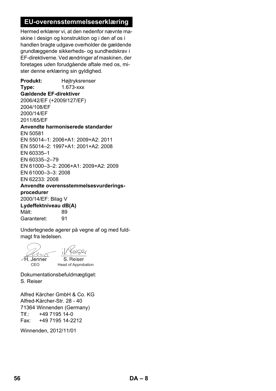 Eu-overensstemmelseserklæring | Karcher K 2 Basic User Manual | Page 56 / 180