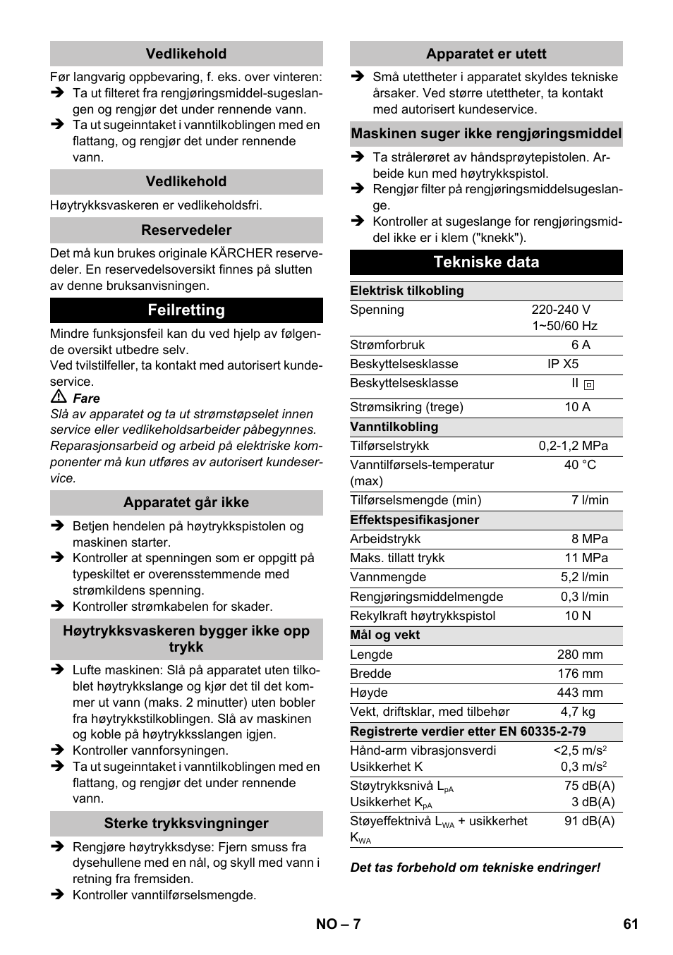 Feilretting, Tekniske data | Karcher K 2 Basic User Manual | Page 61 / 180