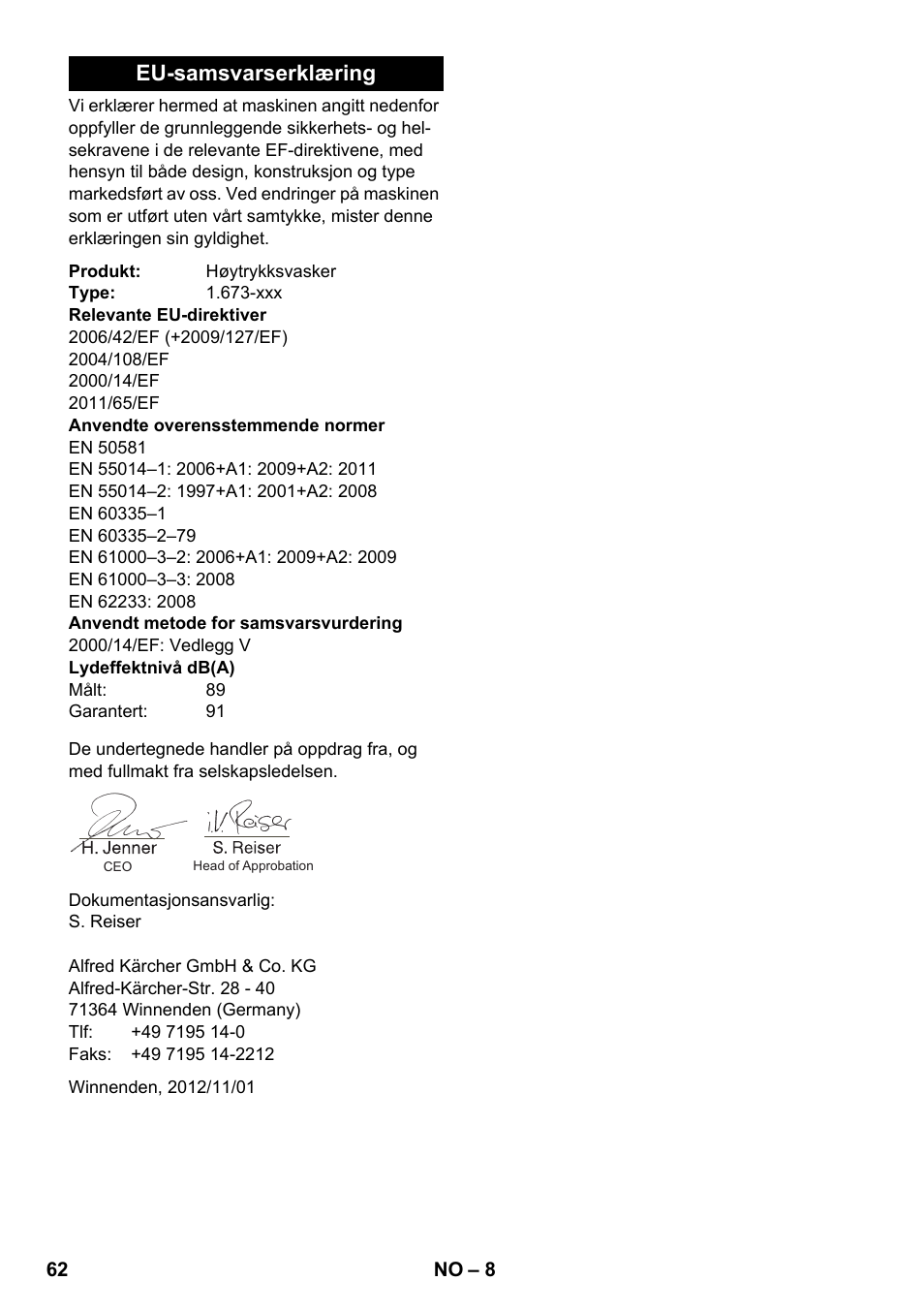 Eu-samsvarserklæring | Karcher K 2 Basic User Manual | Page 62 / 180