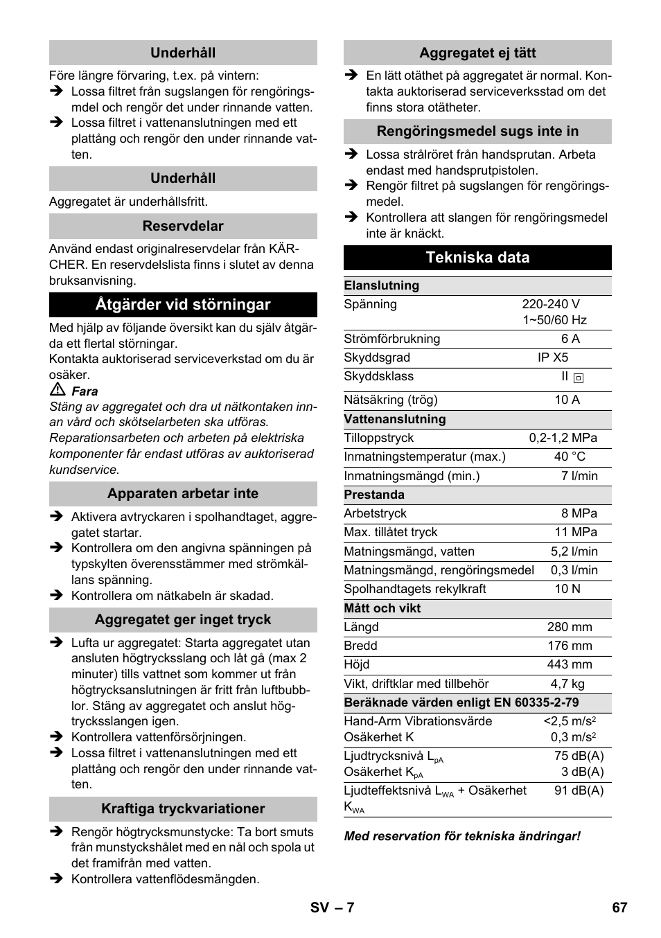 Åtgärder vid störningar, Tekniska data | Karcher K 2 Basic User Manual | Page 67 / 180