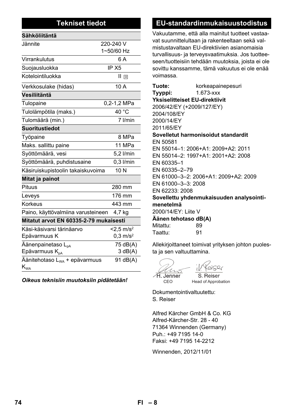 Tekniset tiedot, Eu-standardinmukaisuustodistus | Karcher K 2 Basic User Manual | Page 74 / 180