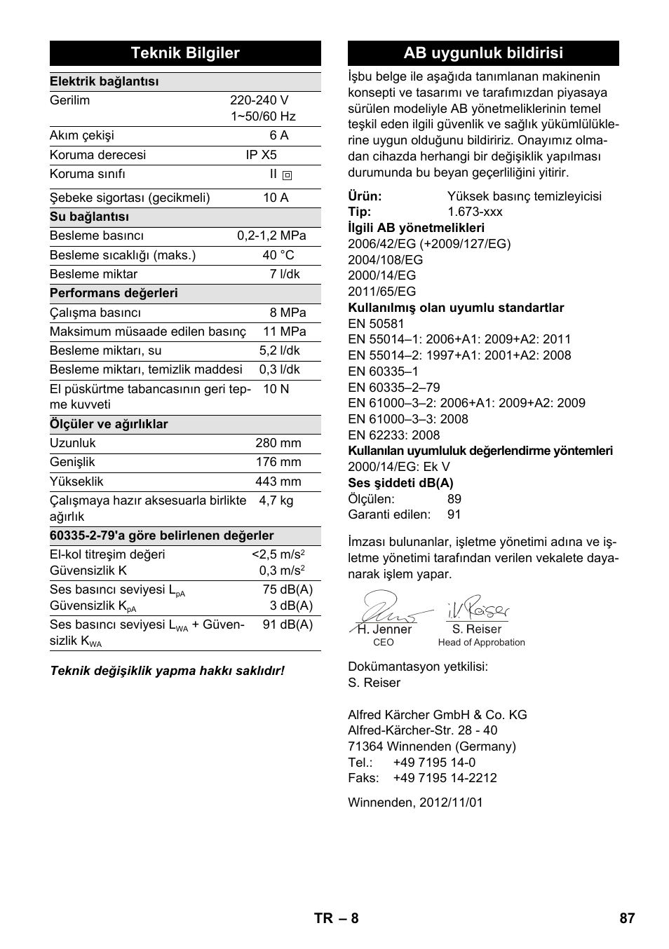 Teknik bilgiler, Ab uygunluk bildirisi | Karcher K 2 Basic User Manual | Page 87 / 180