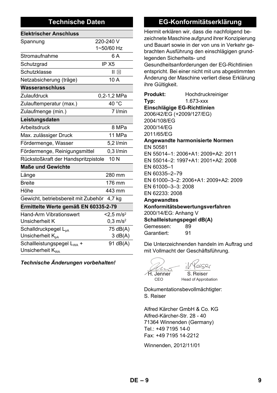 Technische daten, Eg-konformitätserklärung | Karcher K 2 Basic User Manual | Page 9 / 180