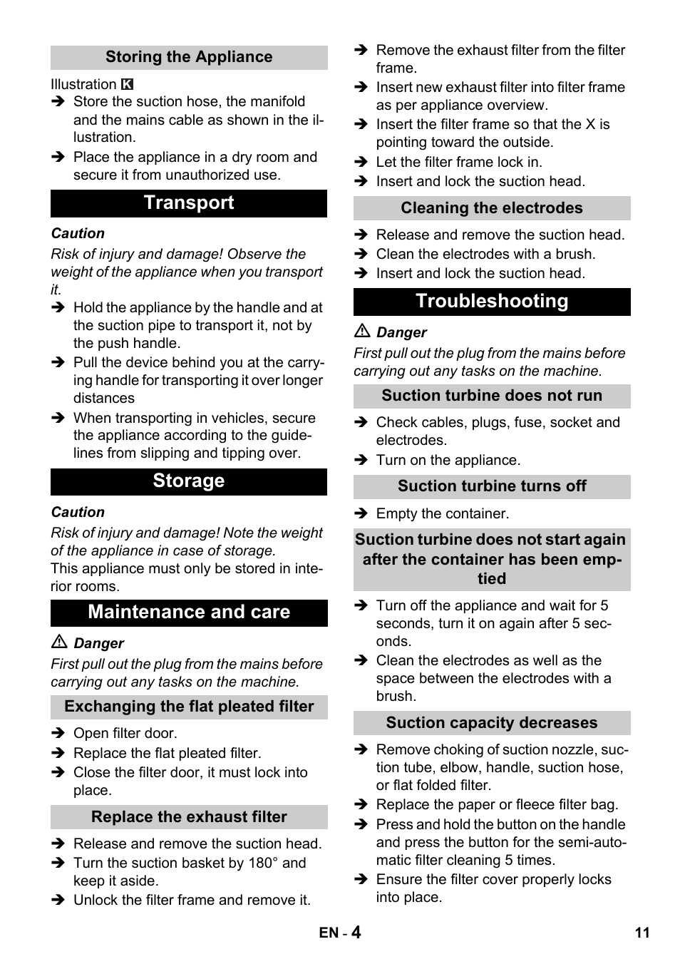 Transport storage maintenance and care, Troubleshooting | Karcher NT 14-1 Eco Adv User Manual | Page 11 / 40