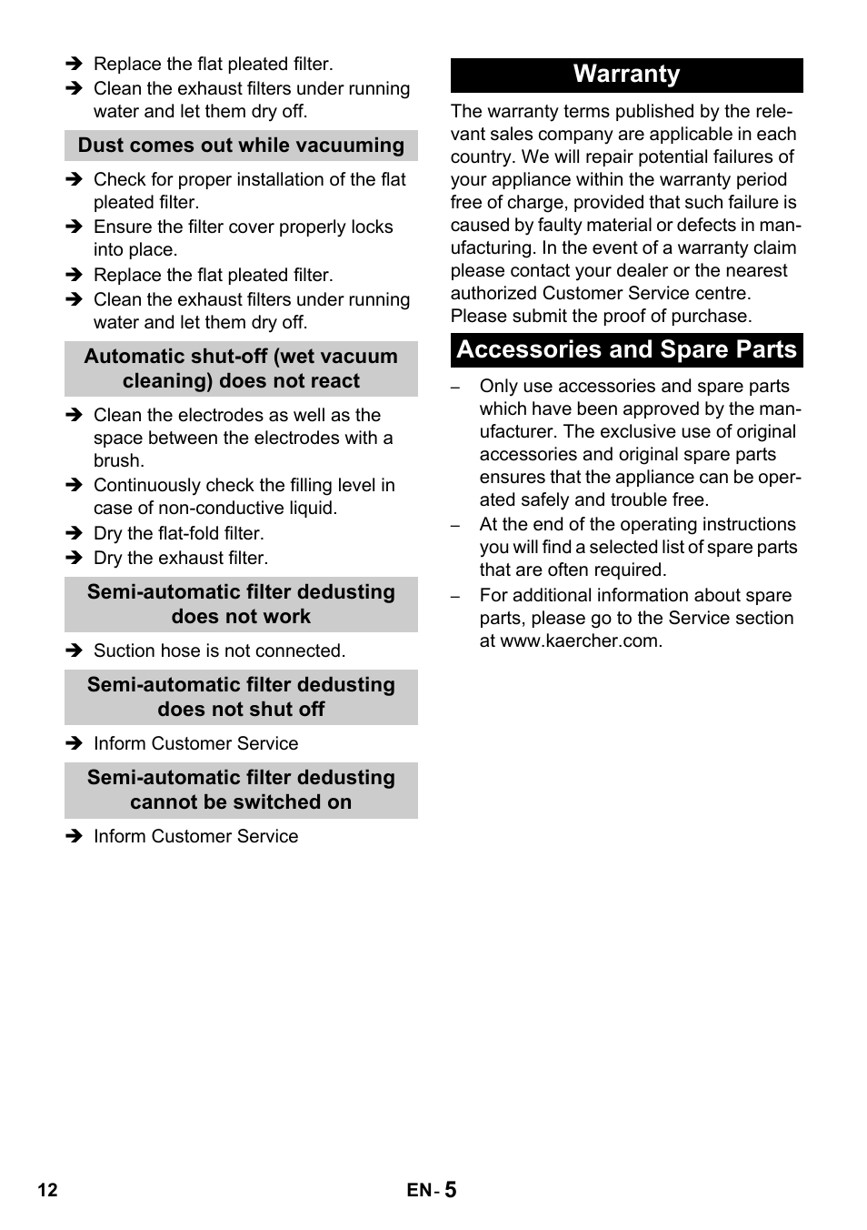 Warranty accessories and spare parts | Karcher NT 14-1 Eco Adv User Manual | Page 12 / 40