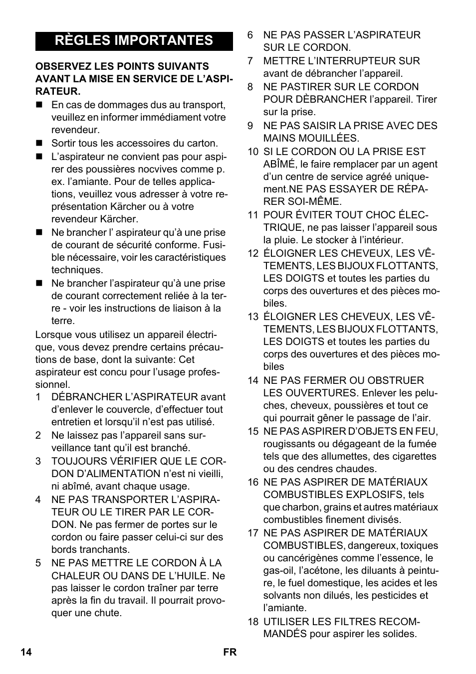 Règles importantes | Karcher NT 14-1 Eco Adv User Manual | Page 14 / 40