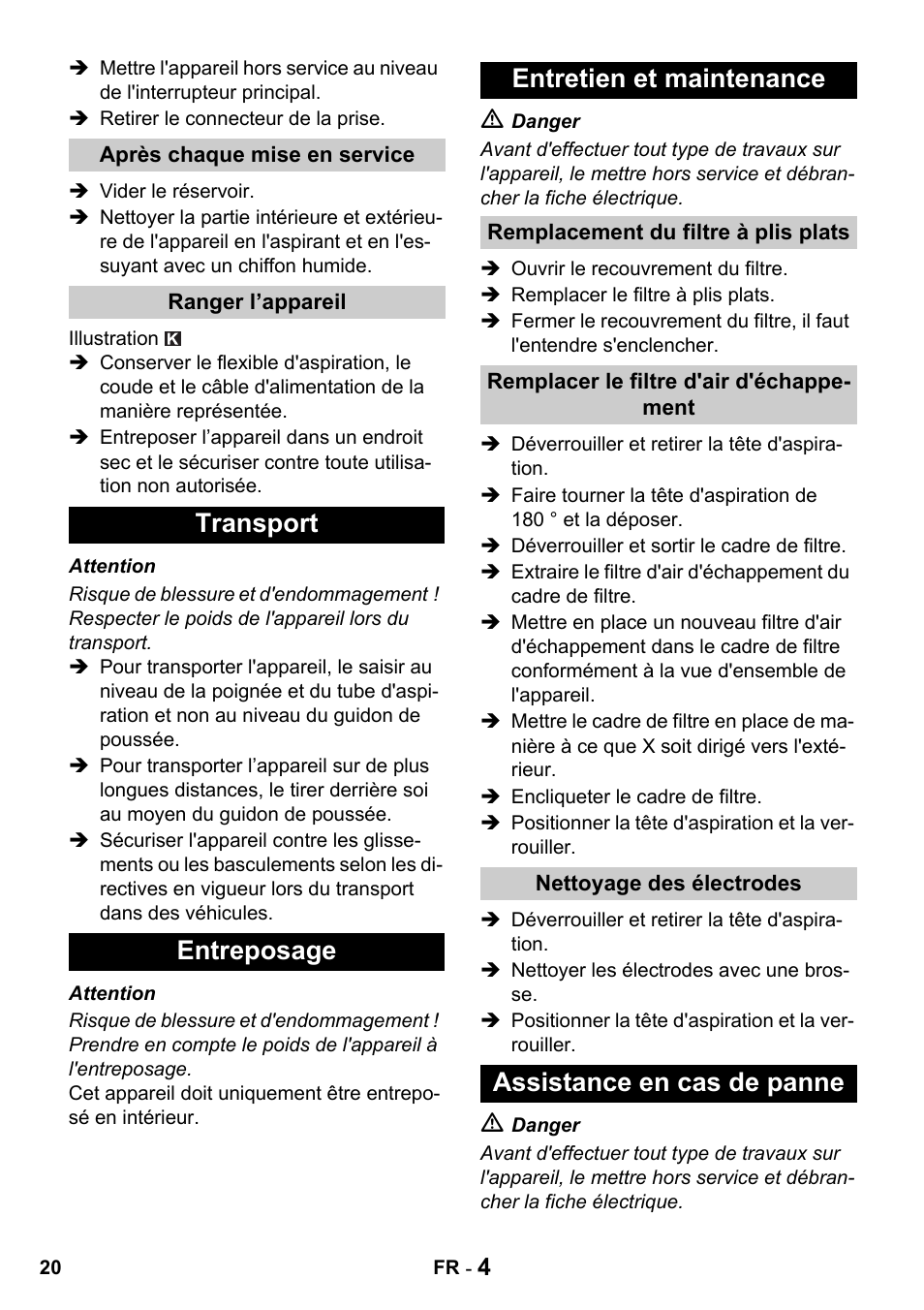 Transport entreposage entretien et maintenance, Assistance en cas de panne | Karcher NT 14-1 Eco Adv User Manual | Page 20 / 40