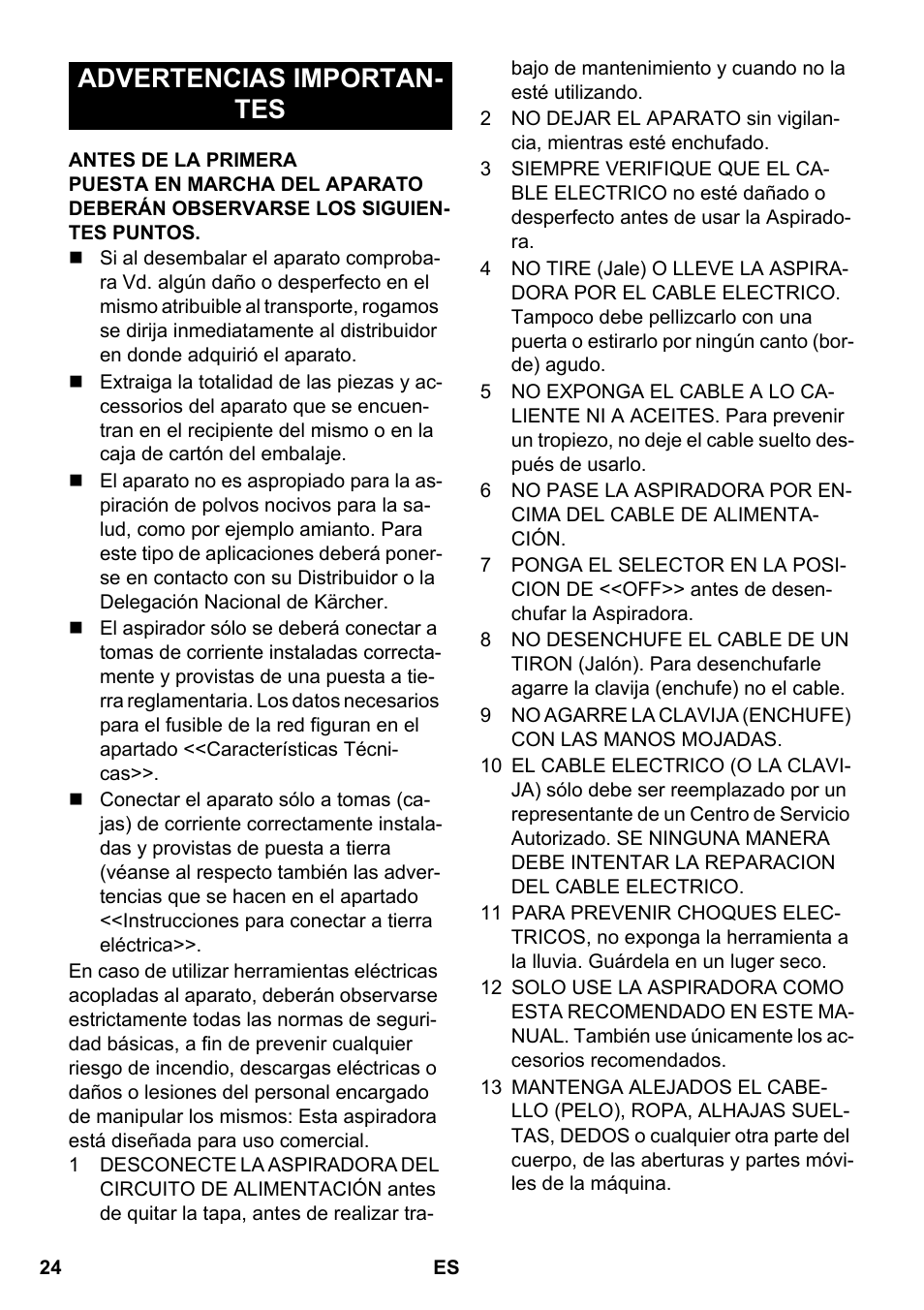 Advertencias importan- tes | Karcher NT 14-1 Eco Adv User Manual | Page 24 / 40