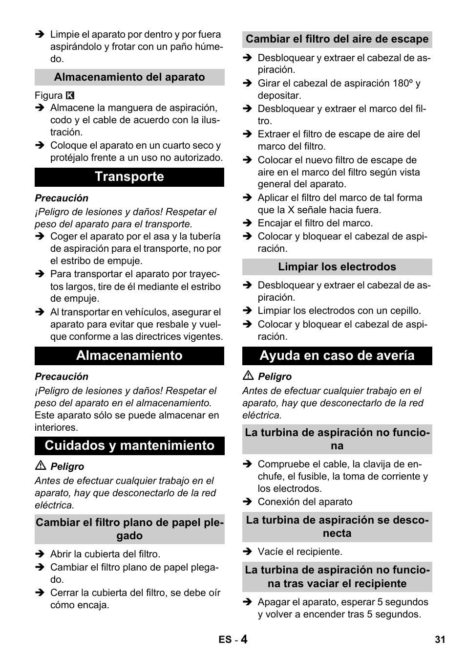 Transporte almacenamiento cuidados y mantenimiento, Ayuda en caso de avería | Karcher NT 14-1 Eco Adv User Manual | Page 31 / 40