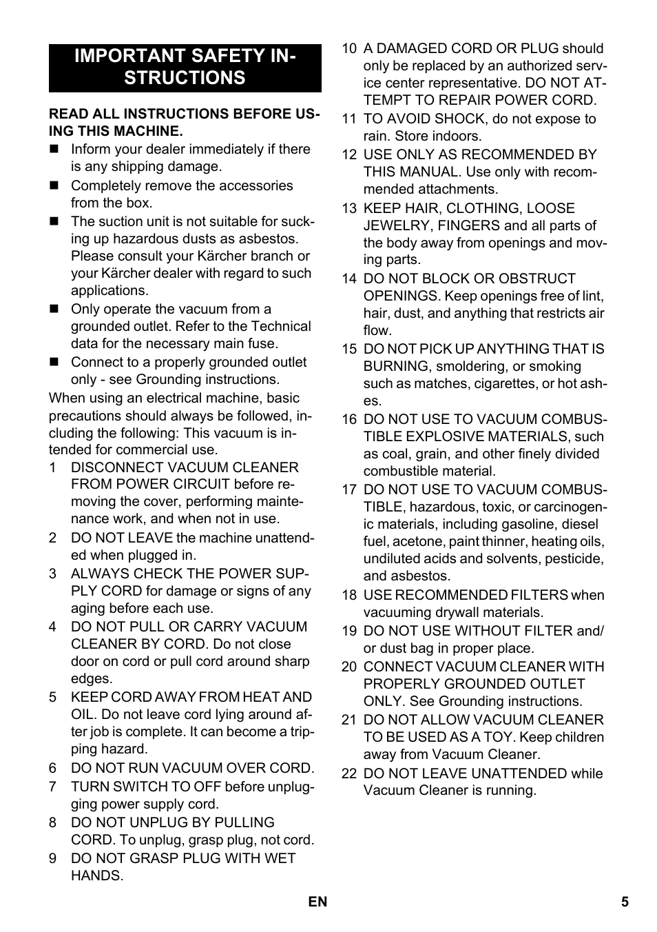 Important safety in- structions | Karcher NT 14-1 Eco Adv User Manual | Page 5 / 40