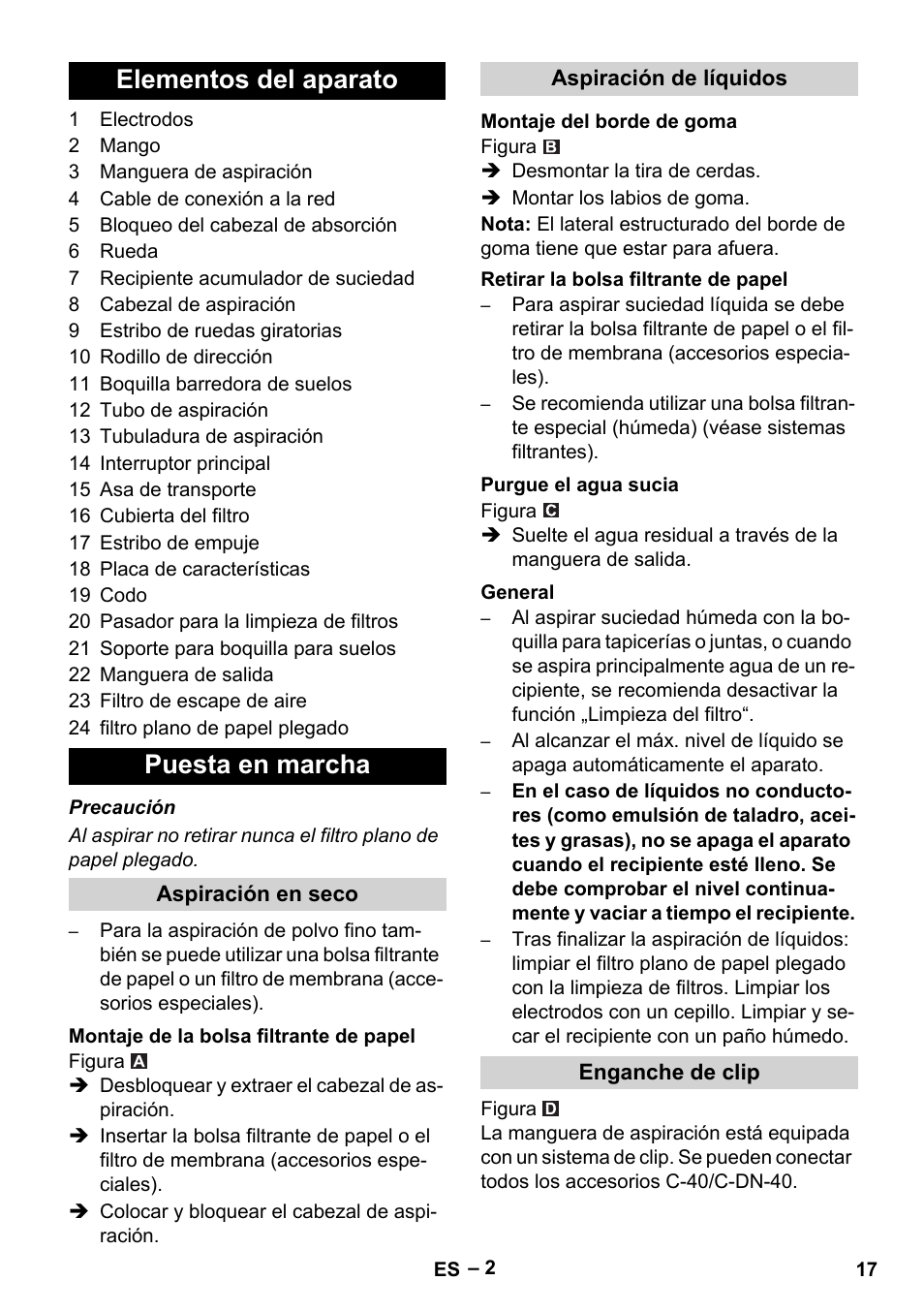 Elementos del aparato puesta en marcha | Karcher NT 65-2 Eco User Manual | Page 17 / 28