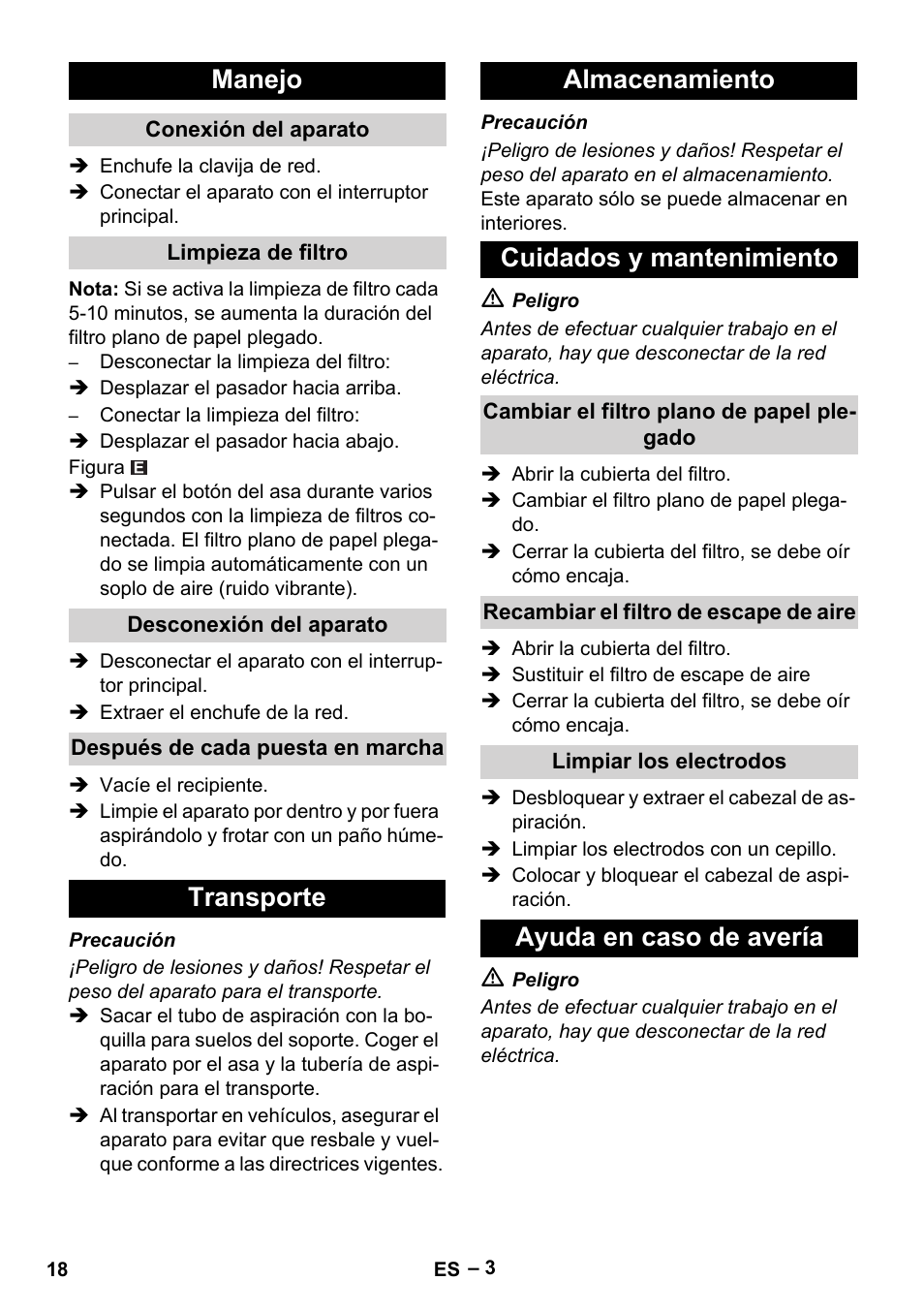 Manejo, Transporte almacenamiento cuidados y mantenimiento, Ayuda en caso de avería | Karcher NT 65-2 Eco User Manual | Page 18 / 28
