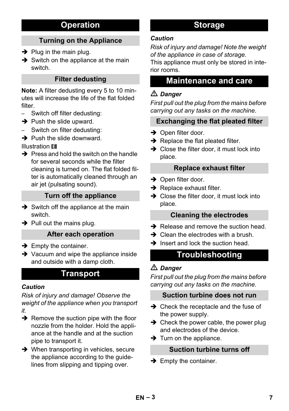 Operation, Transport storage maintenance and care, Troubleshooting | Karcher NT 65-2 Eco User Manual | Page 7 / 28