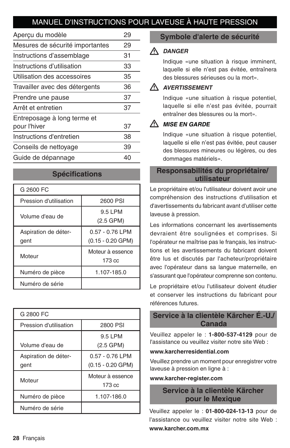 Responsabilités du propriétaire/ utilisateur | Karcher G 2800 FC User Manual | Page 28 / 44