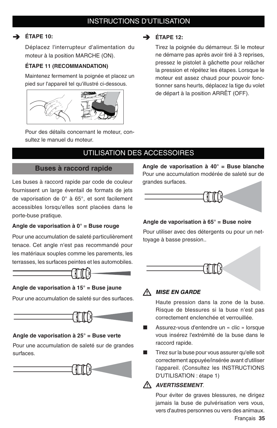 Instructions d'utilisation, Utilisation des accessoires buses à raccord rapide | Karcher G 2800 FC User Manual | Page 35 / 44