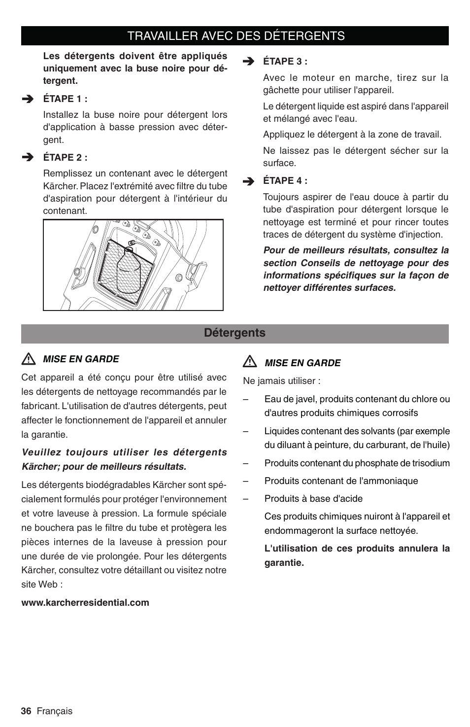 Travailler avec des détergents, Détergents | Karcher G 2800 FC User Manual | Page 36 / 44
