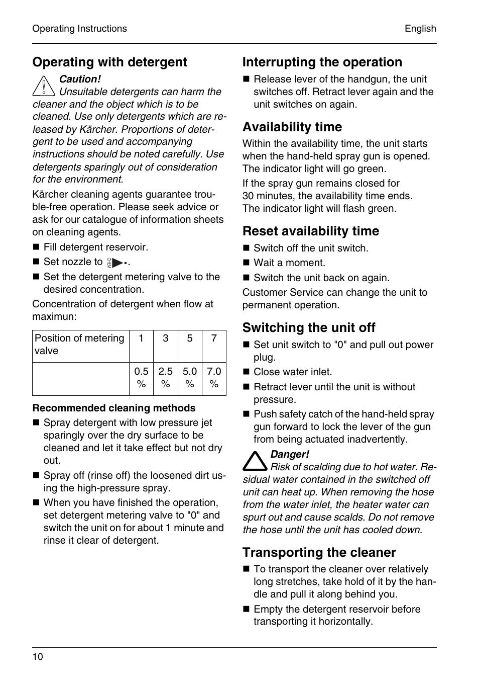 Operating with detergent, Interrupting the operation, Availability time | Reset availability time, Switching the unit off, Transporting the cleaner | Karcher HD 4-5-32-4 S Eb User Manual | Page 10 / 36