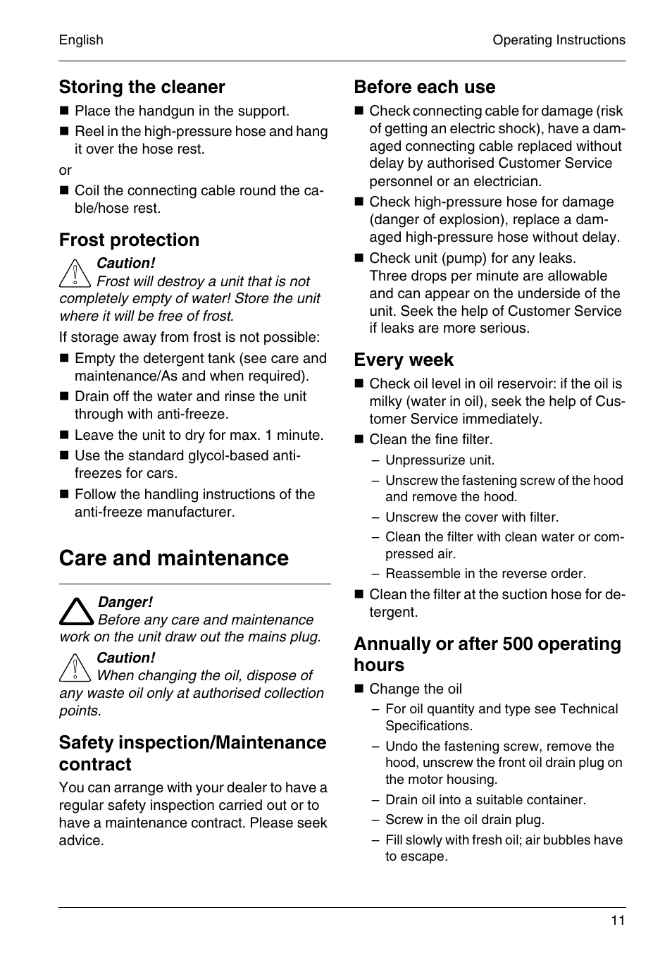 Care and maintenance, Storing the cleaner, Frost protection | Safety inspection/maintenance contract, Before each use, Every week, Annually or after 500 operating hours | Karcher HD 4-5-32-4 S Eb User Manual | Page 11 / 36
