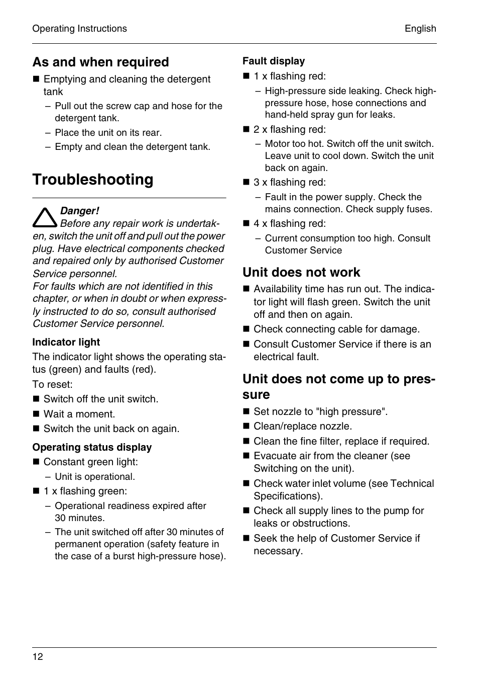 Troubleshooting, As and when required, Unit does not work | Unit does not come up to pres- sure | Karcher HD 4-5-32-4 S Eb User Manual | Page 12 / 36