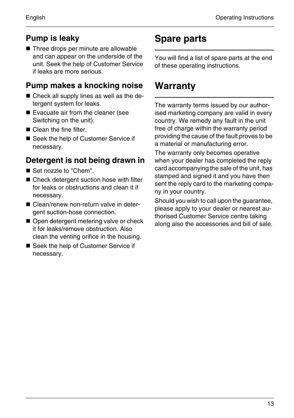 Spare parts, Warranty, Pump is leaky | Pump makes a knocking noise, Detergent is not being drawn in | Karcher HD 4-5-32-4 S Eb User Manual | Page 13 / 36
