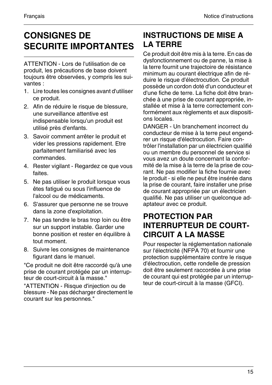 Consignes de securite importantes, Instructions de mise a la terre | Karcher HD 4-5-32-4 S Eb User Manual | Page 15 / 36