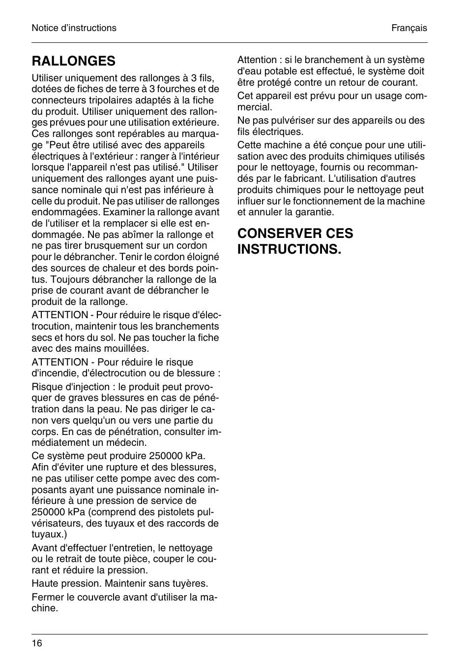 Rallonges, Conserver ces instructions | Karcher HD 4-5-32-4 S Eb User Manual | Page 16 / 36