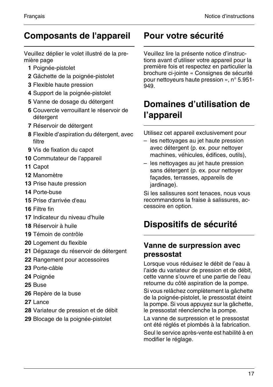 Composants de l'appareil, Pour votre sécurité, Domaines d’utilisation de l’appareil | Dispositifs de sécurité, Vanne de surpression avec pressostat | Karcher HD 4-5-32-4 S Eb User Manual | Page 17 / 36