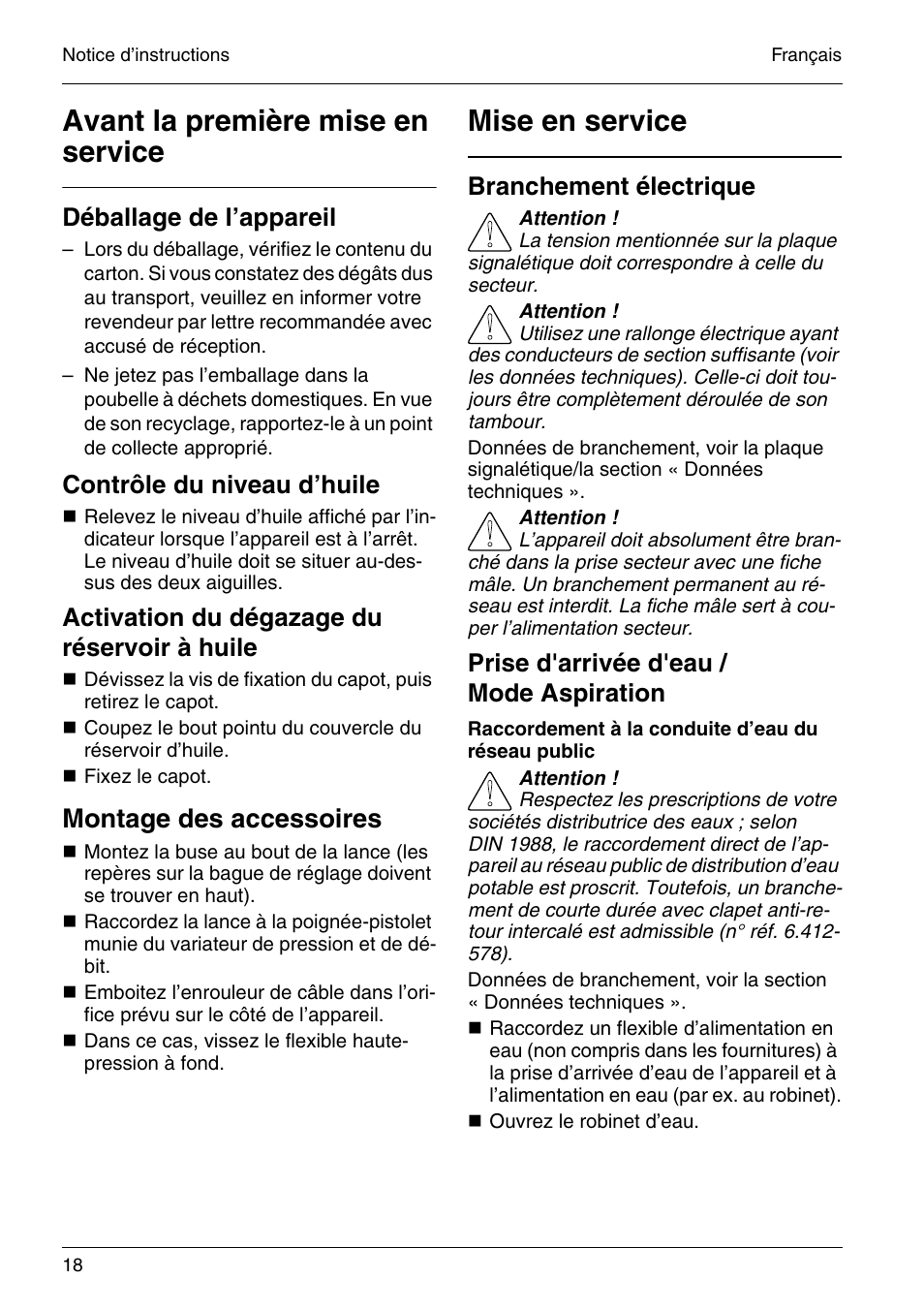 Avant la première mise en service, Mise en service, Montage des accessoires | Déballage de l’appareil, Contrôle du niveau d’huile, Activation du dégazage du réservoir à huile, Branchement électrique, Prise d'arrivée d'eau / mode aspiration | Karcher HD 4-5-32-4 S Eb User Manual | Page 18 / 36