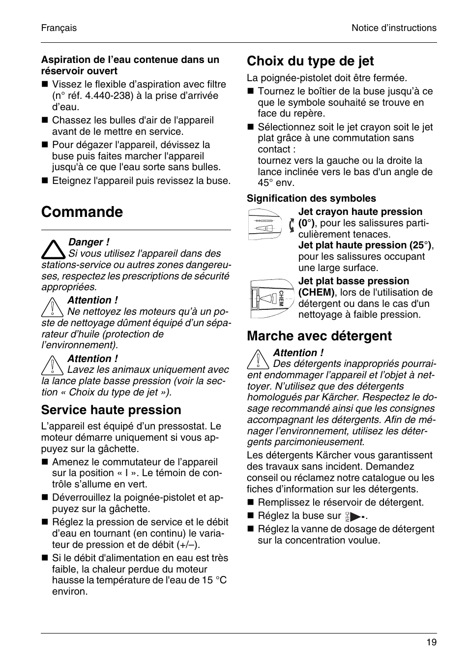 Commande, Choix du type de jet, Marche avec détergent | Service haute pression | Karcher HD 4-5-32-4 S Eb User Manual | Page 19 / 36