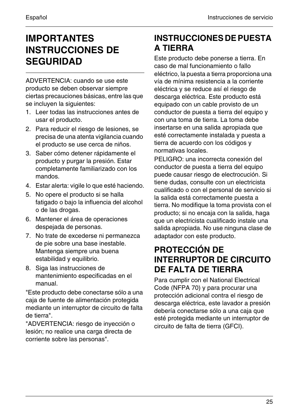 Importantes instrucciones de seguridad, Instrucciones de puesta a tierra | Karcher HD 4-5-32-4 S Eb User Manual | Page 25 / 36