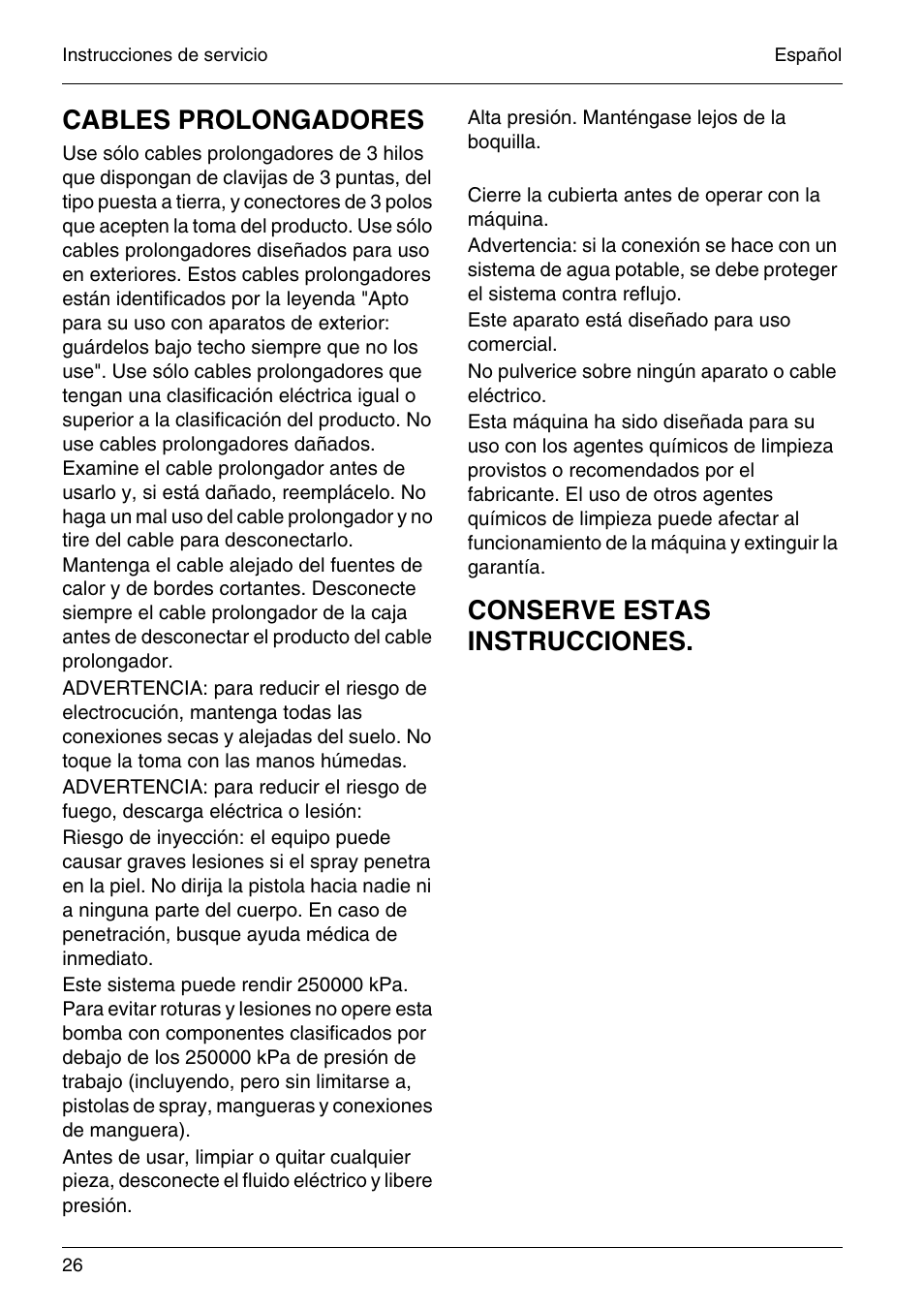 Cables prolongadores, Conserve estas instrucciones | Karcher HD 4-5-32-4 S Eb User Manual | Page 26 / 36