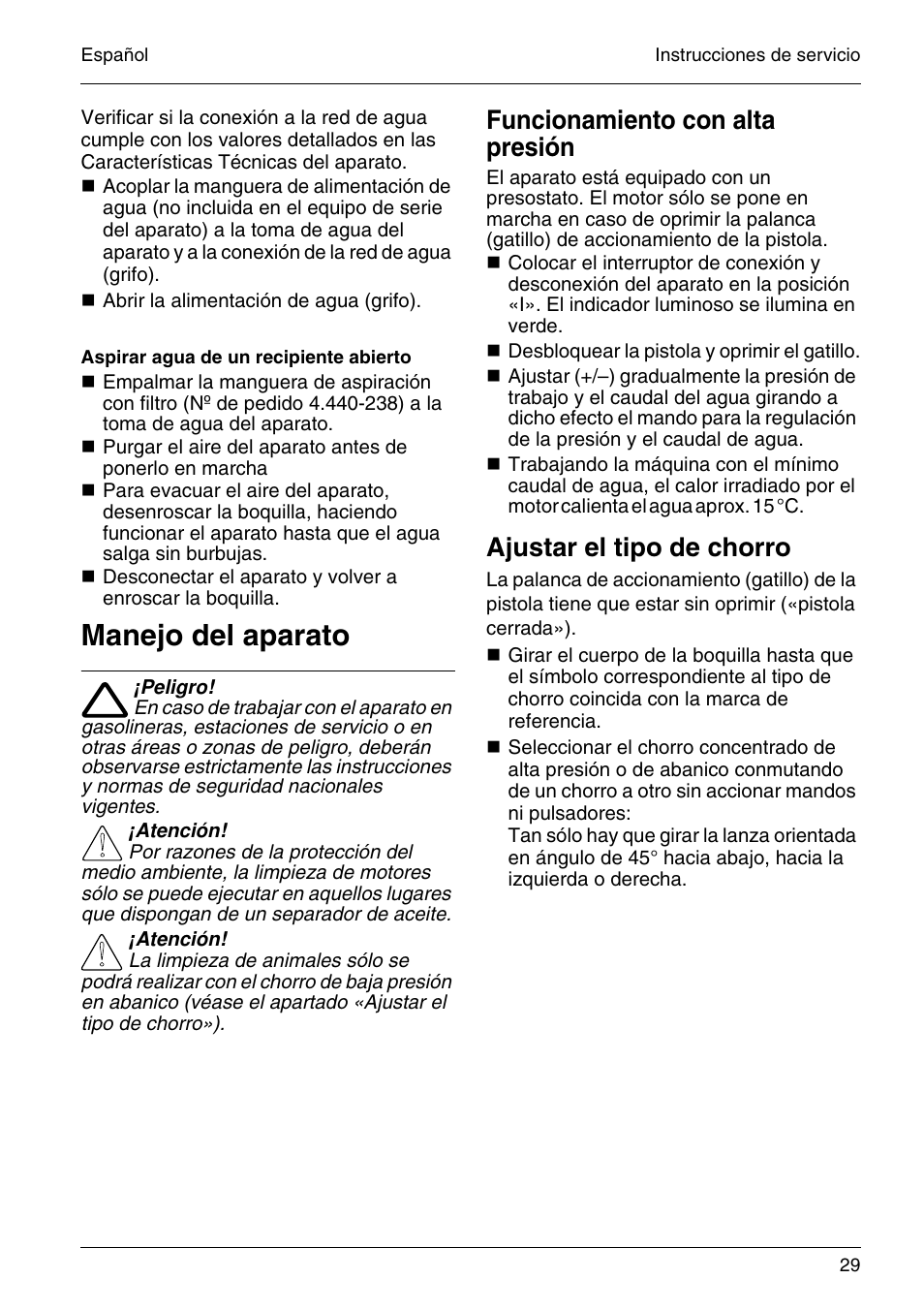 Manejo del aparato, Funcionamiento con alta presión, Ajustar el tipo de chorro | Karcher HD 4-5-32-4 S Eb User Manual | Page 29 / 36
