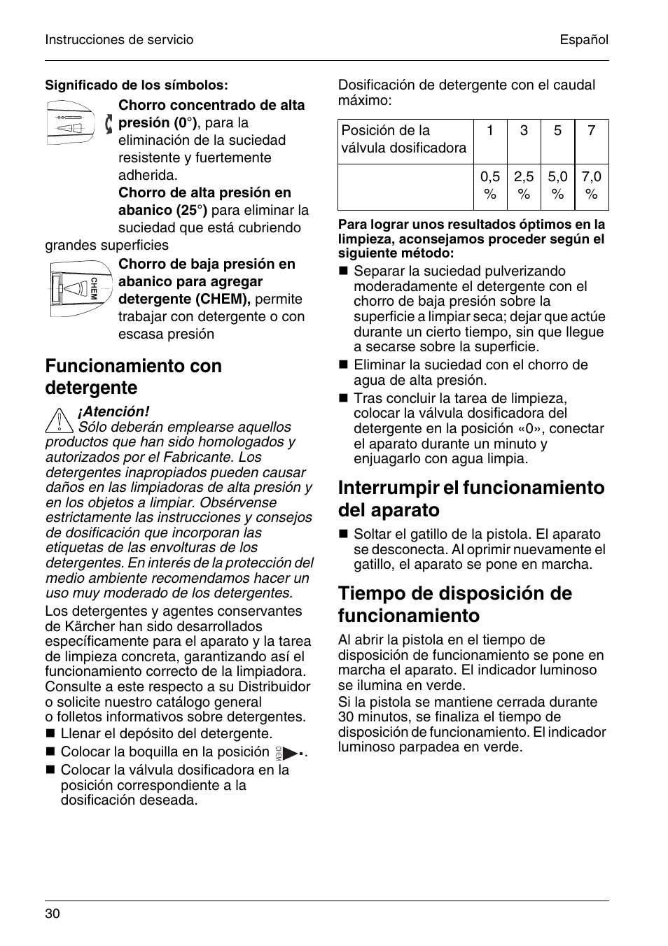 Funcionamiento con detergente, Interrumpir el funcionamiento del aparato, Tiempo de disposición de funcionamiento | Karcher HD 4-5-32-4 S Eb User Manual | Page 30 / 36
