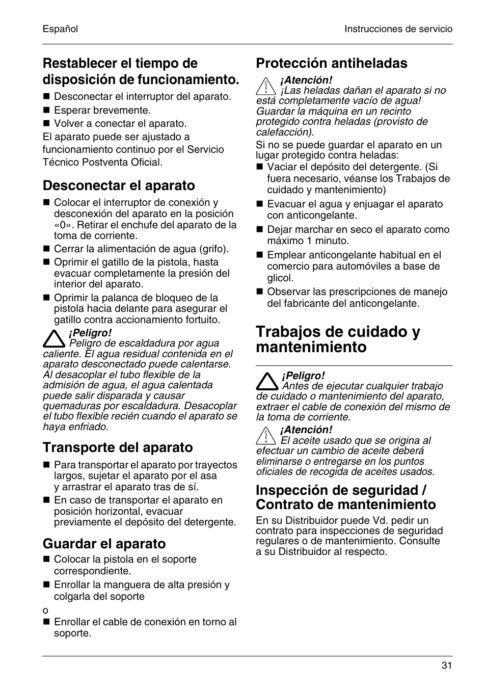 Trabajos de cuidado y mantenimiento, Desconectar el aparato, Transporte del aparato | Guardar el aparato, Protección antiheladas | Karcher HD 4-5-32-4 S Eb User Manual | Page 31 / 36