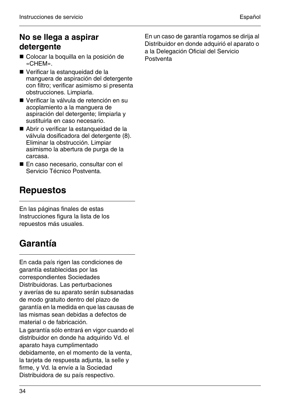 Repuestos, Garantía, No se llega a aspirar detergente | Karcher HD 4-5-32-4 S Eb User Manual | Page 34 / 36