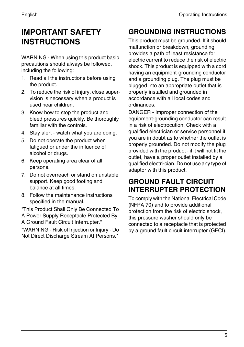 Important safety instructions, Grounding instructions, Ground fault circuit interrupter protection | Karcher HD 4-5-32-4 S Eb User Manual | Page 5 / 36