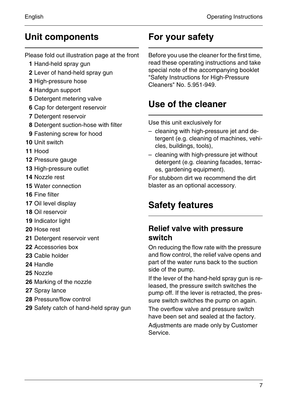 Unit components, For your safety, Use of the cleaner | Safety features, Relief valve with pressure switch | Karcher HD 4-5-32-4 S Eb User Manual | Page 7 / 36