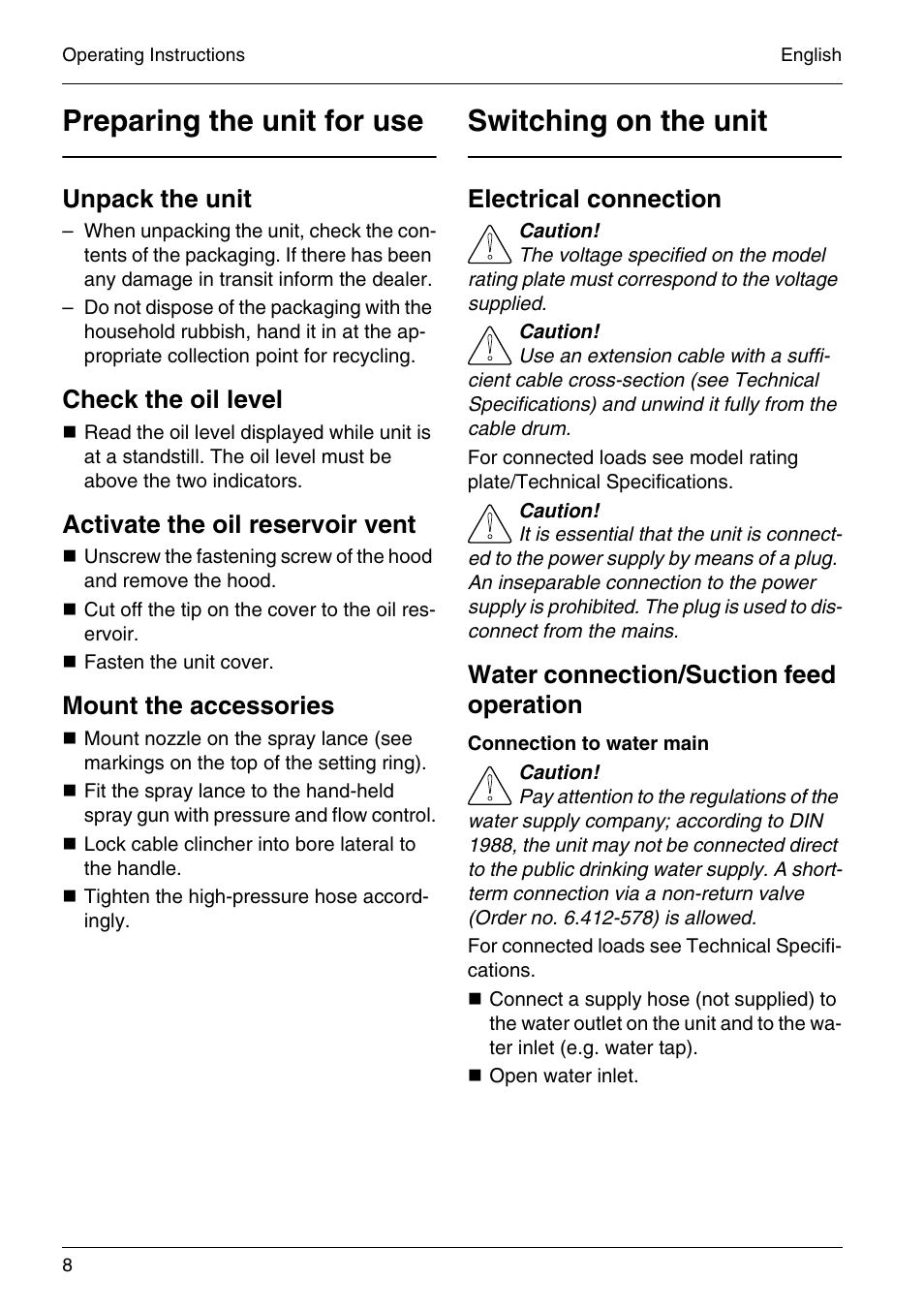 Preparing the unit for use, Switching on the unit, Unpack the unit | Check the oil level, Activate the oil reservoir vent, Mount the accessories, Electrical connection, Water connection/suction feed operation | Karcher HD 4-5-32-4 S Eb User Manual | Page 8 / 36