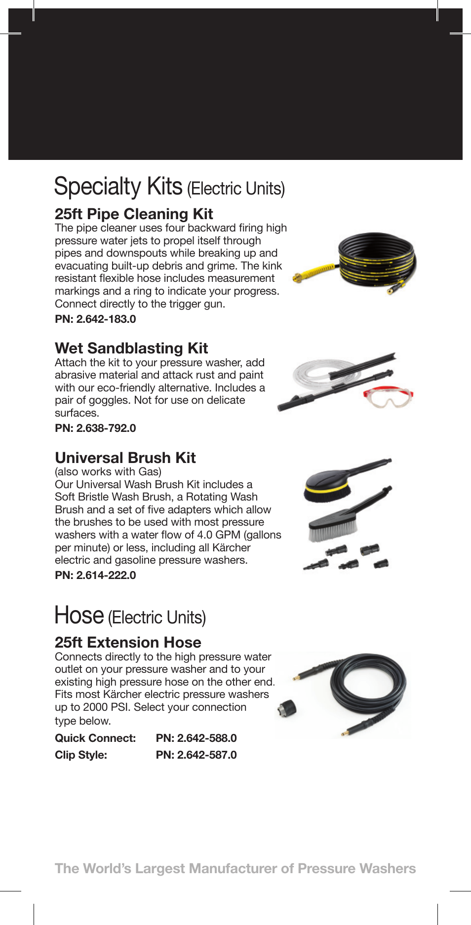 Specialty kits, Hose, Electric units) | 25ft pipe cleaning kit, Wet sandblasting kit, Universal brush kit, 25ft extension hose | Karcher K 3-48 M Plus User Manual | Page 6 / 12