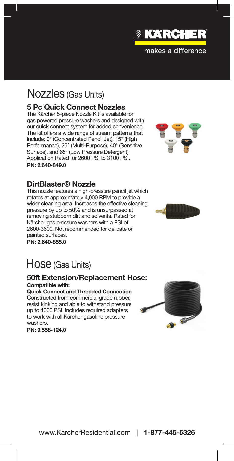 Nozzles, Hose, Gas units) | 5 pc quick connect nozzles, Dirtblaster® nozzle, 50ft extension/replacement hose | Karcher K 3-48 M Plus User Manual | Page 9 / 12