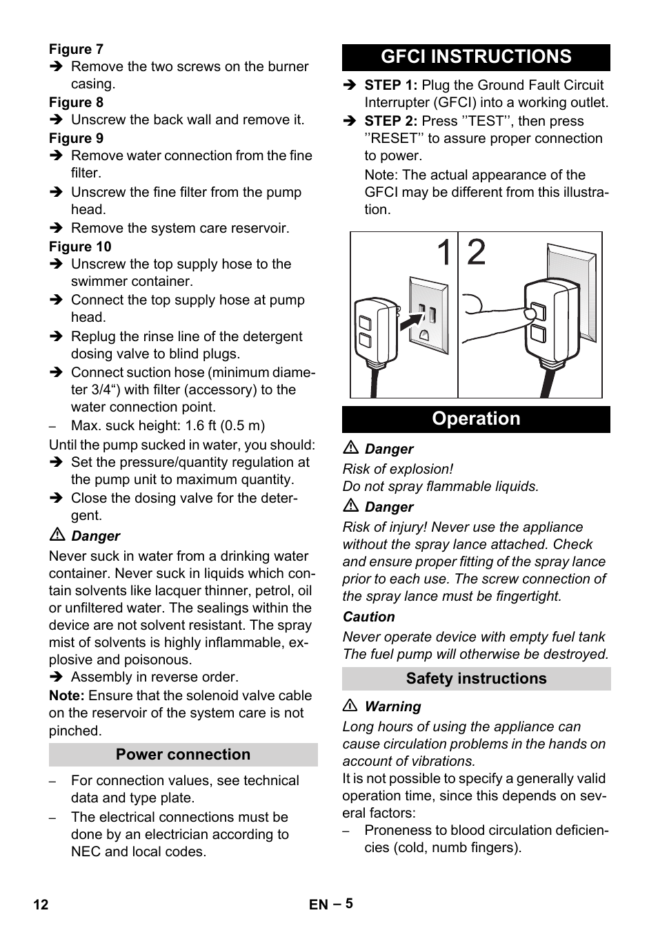 Gfci instructions operation | Karcher HDS 3-0-20 C Ea User Manual | Page 12 / 60