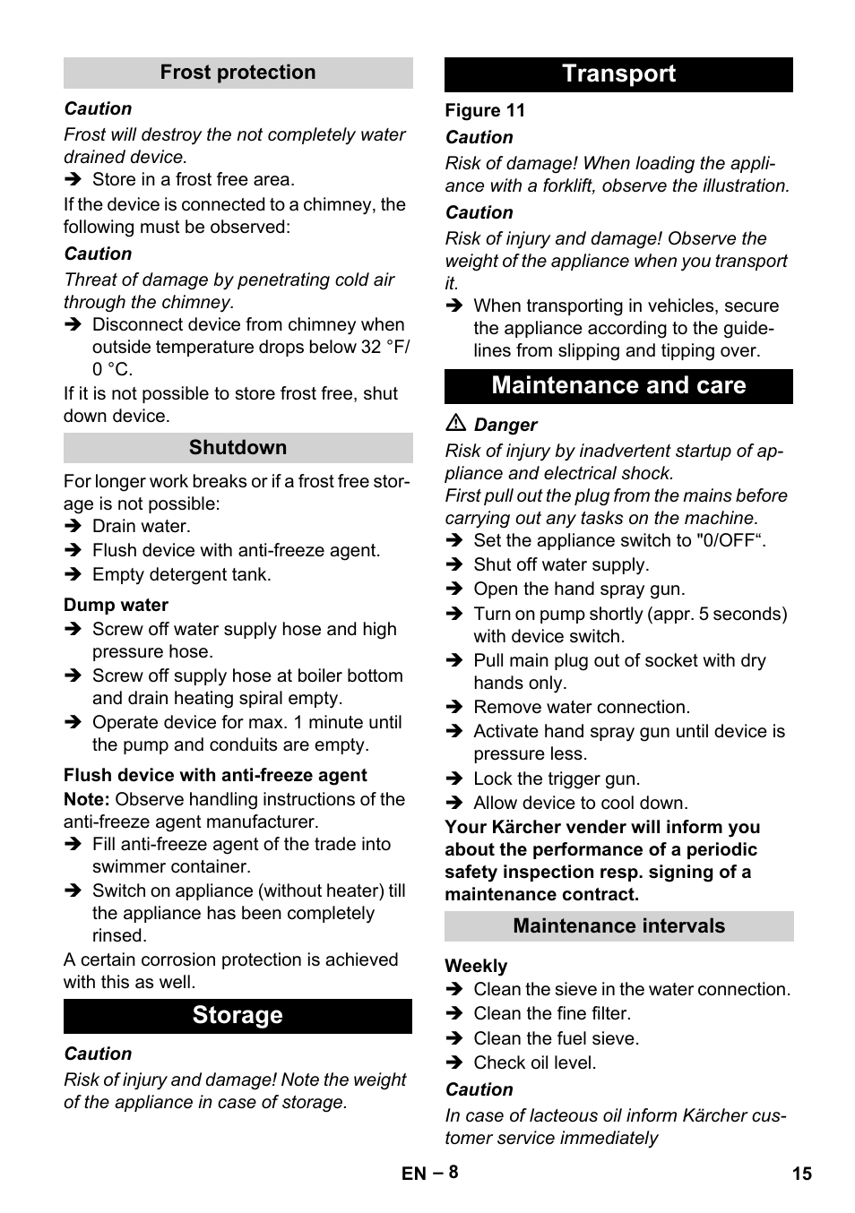 Storage transport maintenance and care | Karcher HDS 3-0-20 C Ea User Manual | Page 15 / 60